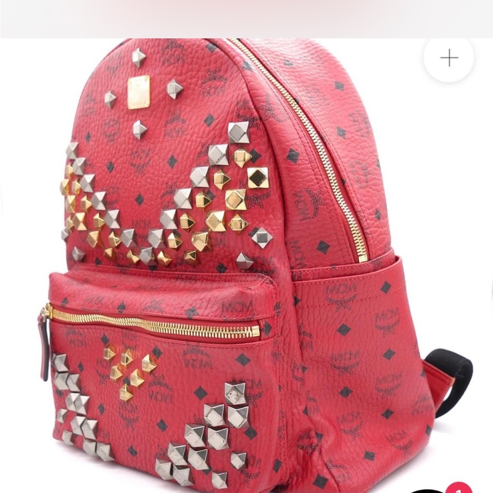 MCM Red Studded Visetos Mini Backpack with Gold & Silver Accents